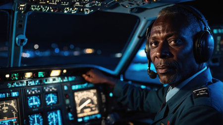 A seasoned pilot operates an aircraft cockpit at night, surrounded by controls and instruments, focused on flight navigation and safety procedures.の素材
