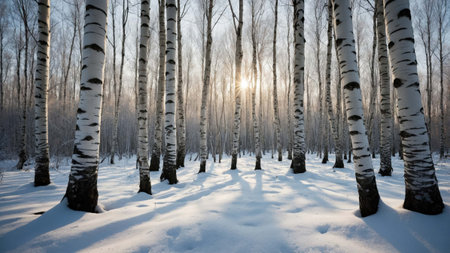 Beautiful winter landscape with snow covered birch trees and sun shining through themの素材