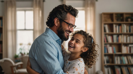 A father and his daughter embrace warmly in their inviting living room, filled with natural light and bookshelves. Laughter and happiness fill the air as they enjoy each other's company.の素材