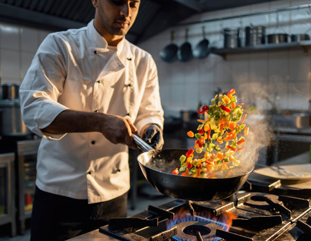 A skilled chef tosses vibrant vegetables in a wok over high heat in a bustling restaurant kitchen. The aromas fill the air as evening diners await their meals.の素材