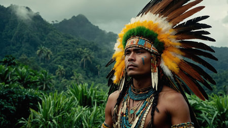 A native man displays his vibrant traditional attire and feathered headdress while standing in a dense Amazon rainforest. Lush green plants surround him as dark clouds gather above.の素材