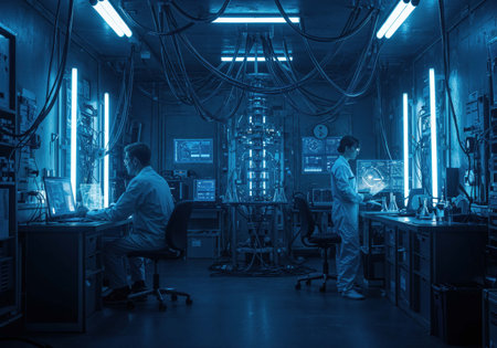Two scientists work in a high-tech laboratory, focused on screens displaying complex data and graphics related to quantum computing. The atmosphere is illuminated with blue lighting.の素材