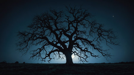 Majestic oak tree standing alone in a field at night, its branches reaching towards the moon and a distant starの素材