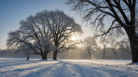 Sun shining through snow covered trees in a tranquil winter landscapeの素材