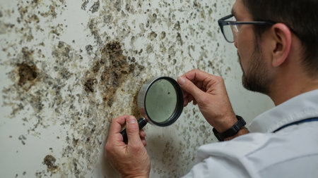 Close up of technician examining mold growth on wall using magnifying glass and probeの素材