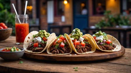 Mexican tacos al pastor with guacamole, tomato, onion, coriander and cheese enjoying a meal on a wooden table with a tomato juiceの素材