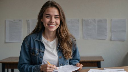 Portrait of a smiling student girl reviewing homework assignments at her desk, ready for a productive study sessionの素材