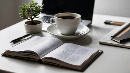 Open book sits on a white table alongside a coffee cup, laptop, pen, and small plant, creating a cozy and inviting reading spaceの素材