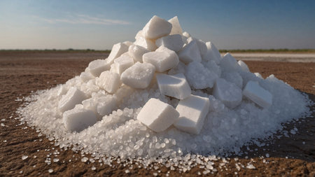 Large crystals of raw salt creating a small mountain on brown, sandy groundの素材