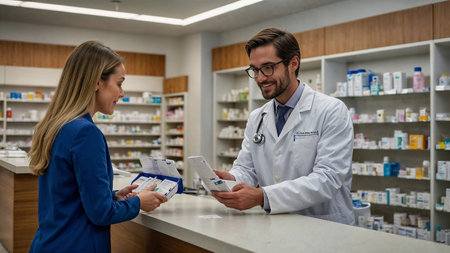 Pharmacist explaining prescription to customer holding medication in drugstoreの素材
