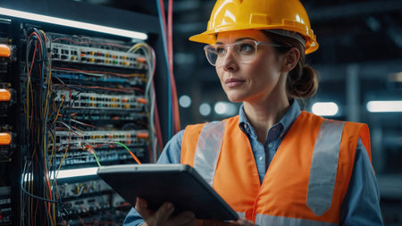 Female electrical engineer using a tablet computer while inspecting server racks in a data centerの素材