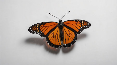 Beautiful monarch butterfly with spread wings on a white background, creating a striking contrastの素材