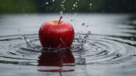 Fresh red apple splashing in water creating ripples and dropletsの素材