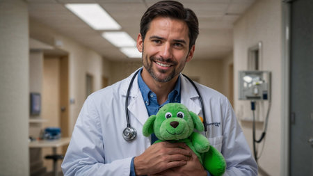 Portrait of a pediatrician holding a stuffed animal, smiling in a hospital corridorの素材
