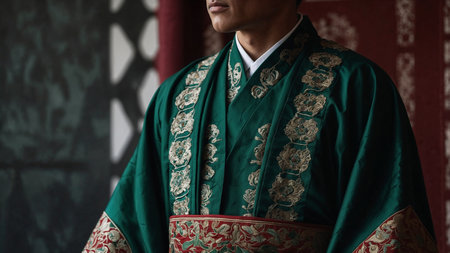 Emperor wearing traditional green hanbok with golden embroidery posing in a palaceの素材