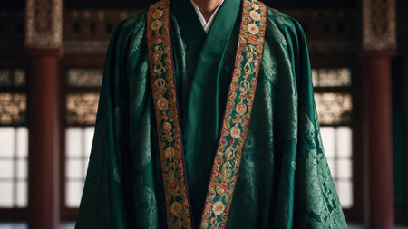 Emperor wearing traditional green hanfu clothing standing in ancient Chinese palace during a ceremonyの素材