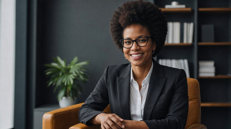 Portrait of a smiling black businesswoman sitting in office armchair, looking confident and successfulの素材