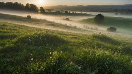 Ground fog covering green hills at sunrise in the countrysideの素材