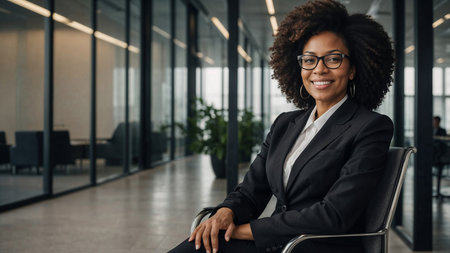 Smiling black businesswoman sitting on chair in modern officeの素材