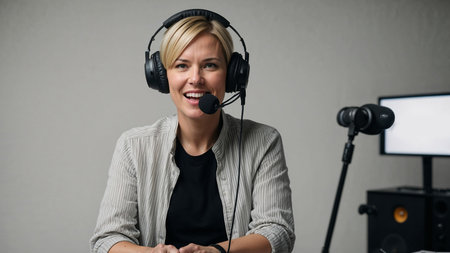 Content creator recording audio content wearing professional headset and microphone in her home studioの素材