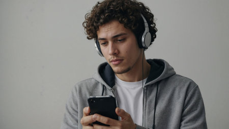 Young man wearing headphones and using mobile phone while listening to musicの素材