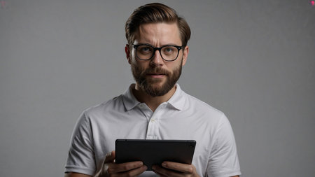 Portrait of a confused businessman holding a tablet and looking at camera with a serious facial expressionの素材