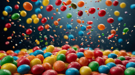 Freeze motion shot of colorful chocolate candies and sprinkles falling on a pile of sweetsの素材