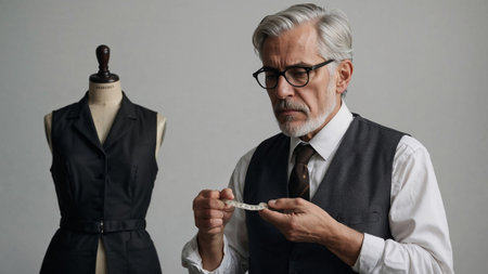 Focused mature fashion designer examining measuring tape next to mannequin with black dress in professional atelierの素材