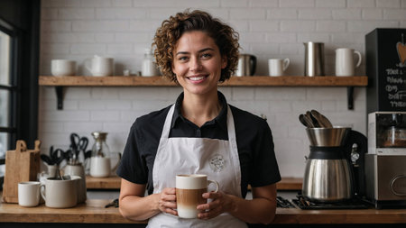 Barista is smiling and holding a cup of coffee inside a coffee shopの素材