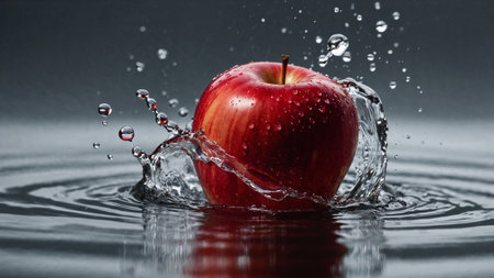 Fresh red apple splashing into water, creating ripples and water droplets, against a dark backgroundの素材