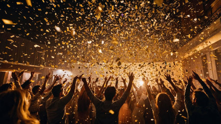 Crowd enjoying music festival raising arms dancing under golden confetti at nightの素材