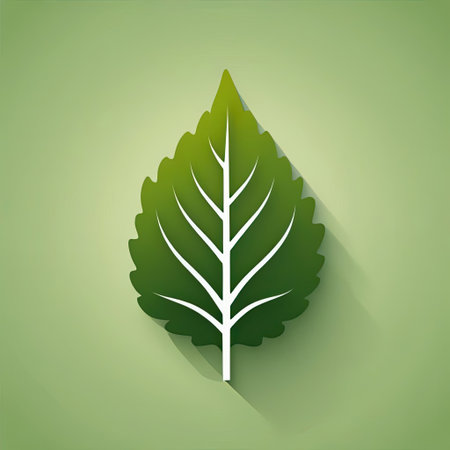 A detailed illustration shows a green leaf design with a shadow effect, set against a soft pastel green background. The artwork emphasizes nature's beauty in a modern style.の素材