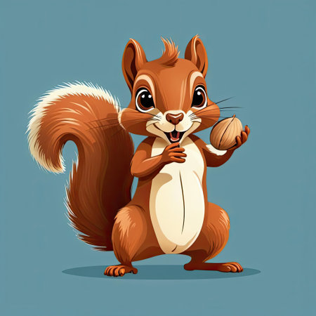 A cartoon squirrel stands upright, joyfully holding an acorn. Its bright, expressive eyes and fluffy tail add charm to this playful character set against a light blue background.の素材