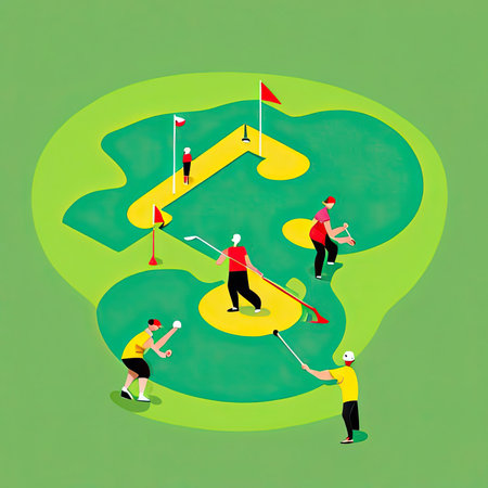 A group of enthusiastic players participates in a lively mini golf game on a creatively designed course. Each player is focused on making their putts, showcasing skill and strategy while enjoying a sunny day outdoors.の素材