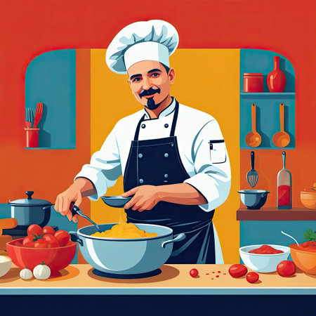 A skilled chef is actively cooking in a vibrant kitchen, combining fresh tomatoes, sauces, and pasta, showcasing culinary talent and passion for food.の素材