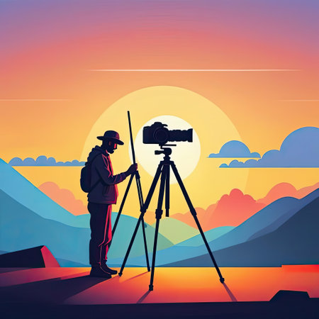 A photographer stands on a rocky ledge, adjusting the camera on a tripod to capture the breathtaking sunset. Vibrant colors fill the sky as mountains loom in the background.の素材
