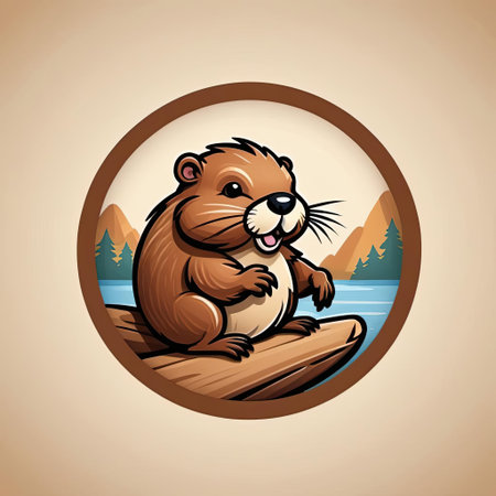 A cheerful cartoon beaver stands on a log with a playful expression. The backdrop features a calm river surrounded by mountains and trees, exemplifying a vibrant natural setting.の素材