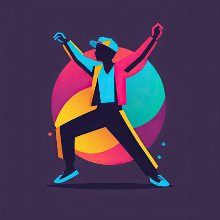 A lively dance silhouette is displayed in a vibrant urban-inspired design, showcasing a dynamic pose and colorful attire.の素材