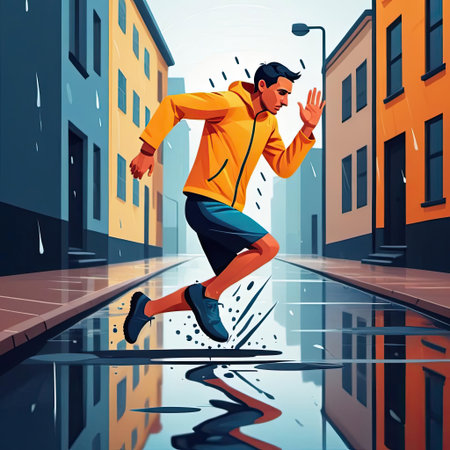 A runner navigates a slick, deserted city street during a rainstorm, dressed in a bright yellow jacket and black shorts, splashing through puddles as water droplets fall around.の素材