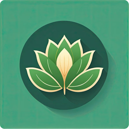 A unique lotus flower design combines shades of green leaves set against a soothing teal backdrop, ideal for representing wellness, nature, and tranquility in branding or art.の素材
