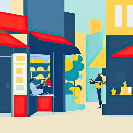 On a lively street, a musician plays guitar while passersby savor meals at outdoor tables. Brightly colored awnings create an inviting atmosphere, enhancing the urban experience. The bustling scene reflects a joyful moment in city life.の素材