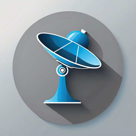 A blue satellite dish stands prominently, symbolizing advanced communication technology essential for data transmission.の素材