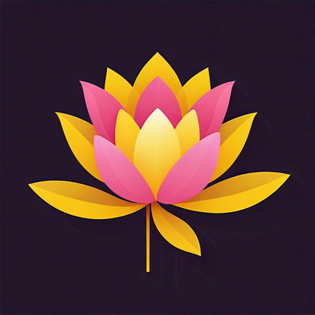 A beautifully crafted lotus flower features overlapping petals in pink, yellow, and orange tones, standing out against a deep black backdrop. The vibrant colors highlight the flower's elegance.の素材