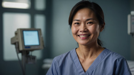 A healthcare worker wearing scrubs smiles confidently in a contemporary medical environment. The setting exudes professionalism and warmth, typical of a hospital.の素材