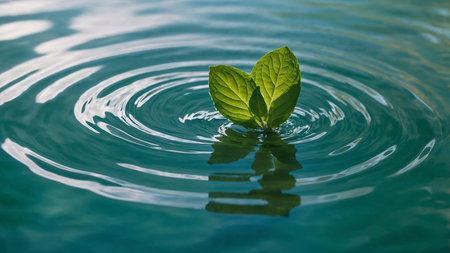 Green leaf floating on rippling water surface creating concentric circles with reflectionの素材