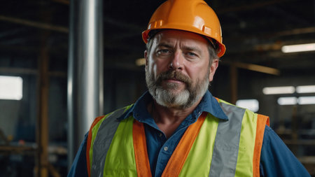 Portrait of confident industrial worker wearing safety equipment in factoryの素材