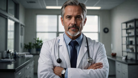 Portrait of Confident Mature Doctor with Arms Crossed in Modern Hospital or Laboratoryの素材