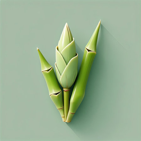 Delicate green bamboo stalks are artistically arranged against a soft background. The composition highlights the natural hues and textures of the bamboo, evoking tranquility.の素材