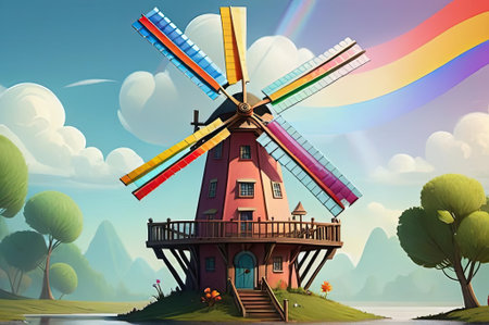 A vibrant windmill stands prominently in a tranquil landscape, showcasing colorful blades that catch the sunlight.の素材
