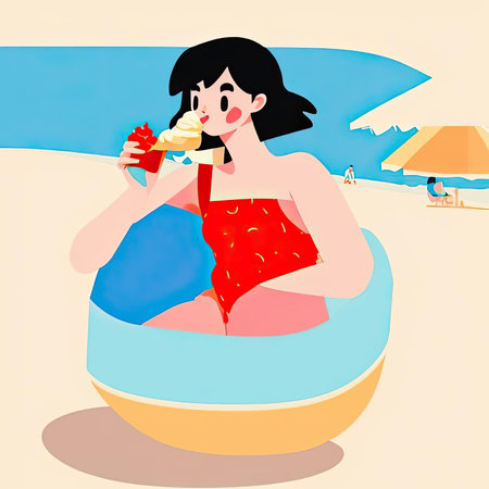 A young woman in a red swimsuit is sitting comfortably in a colorful inflatable ring at the sandy beach. She is savoring a delicious ice cream dessert, surrounded by sunny skies and the calming ocean waves.の素材